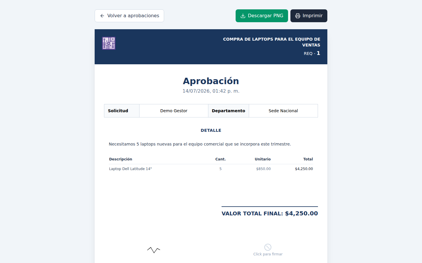 Documento de aprobación con firma digital aplicada, listo para descargar o imprimir.