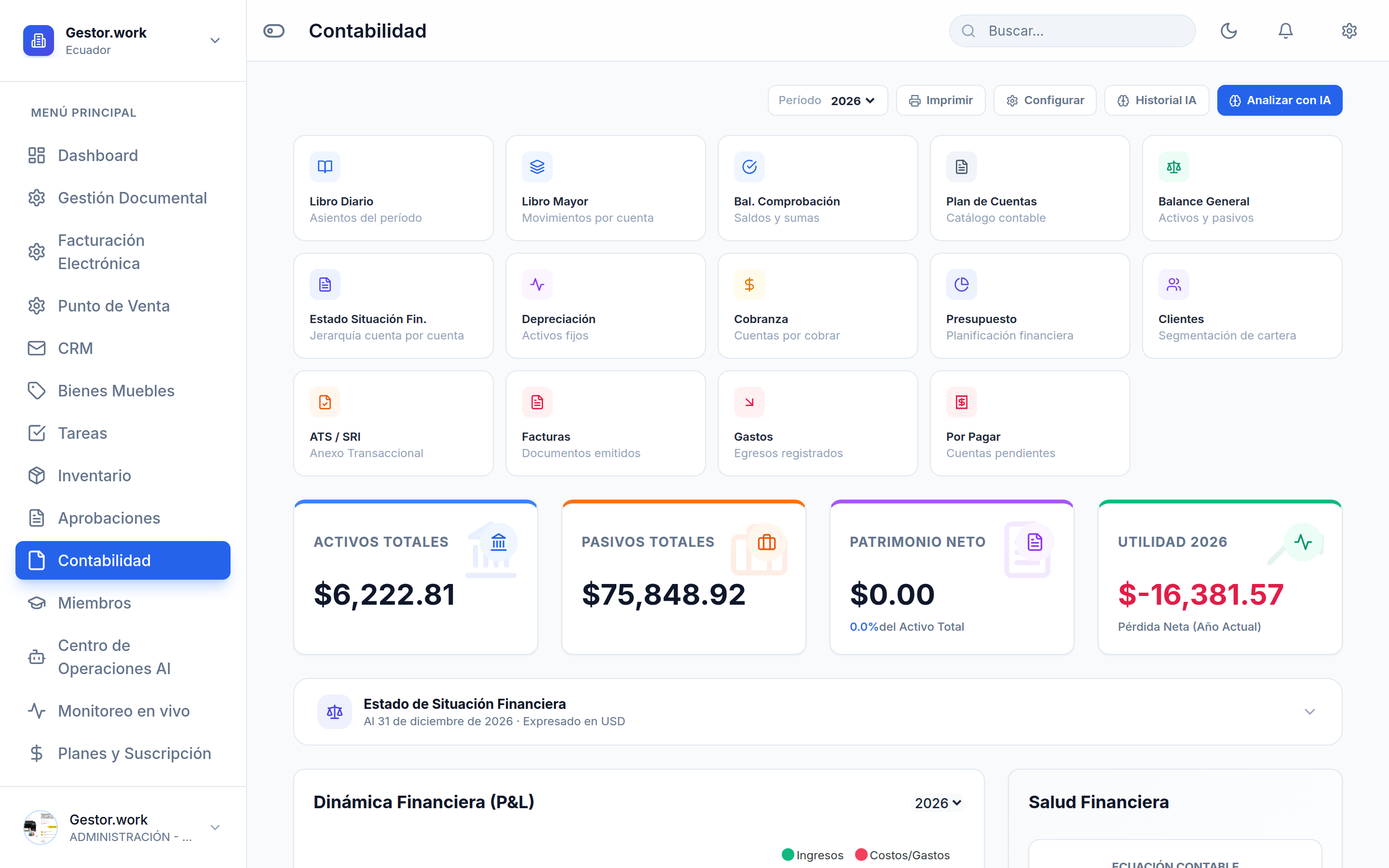 Módulo de contabilidad de Gestor.work con estados financieros